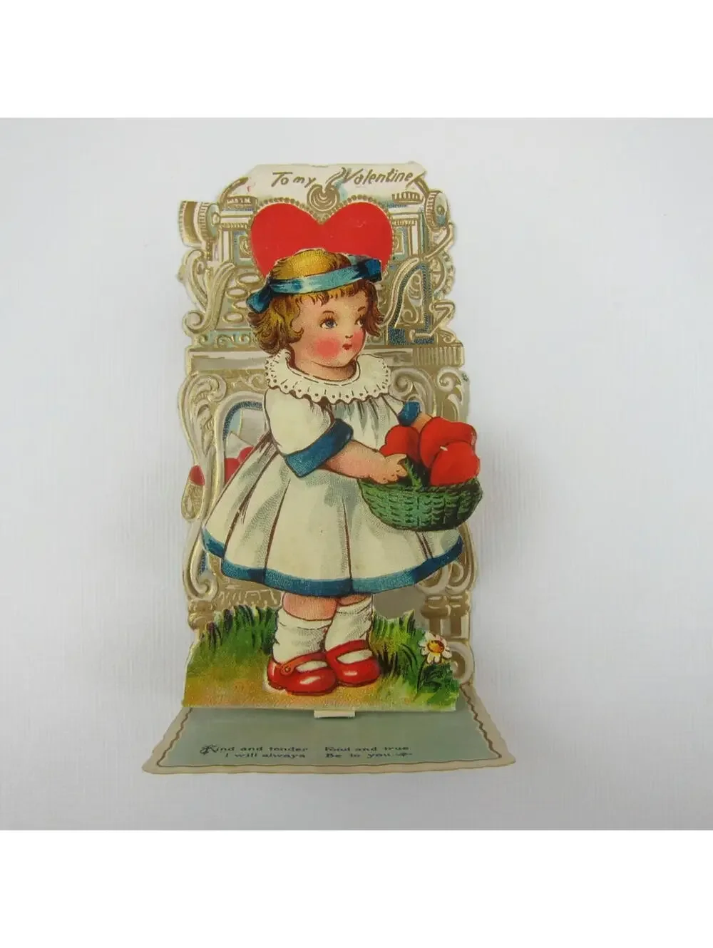 Vintage Valentine 3D Pop Up Die Cut Blonde Girl Blue White Dress Basket Hearts